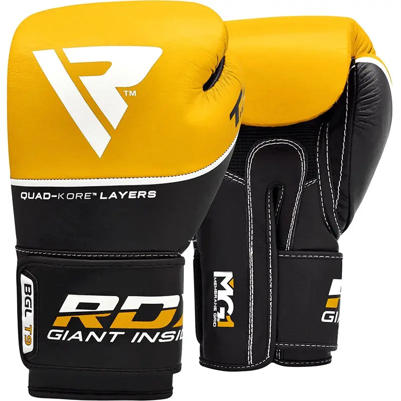 RDX T9 Ace Leather Boxing Gloves - Prime combats RDX Sports Yellow-16oz 