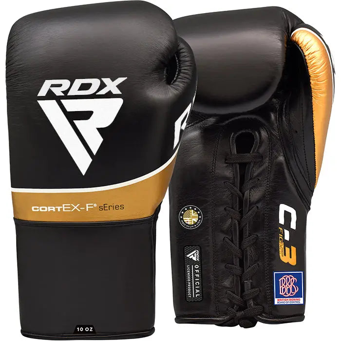 RDX C3 Fight Lace Up Leather Boxing Gloves BBBOFC/BIBA/WBF/NYAC /NEVADA APPROVED - Prime combats RDX Sports Black-8oz 