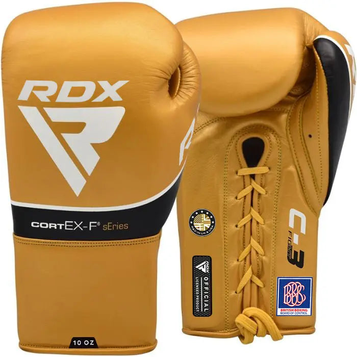 RDX C3 Fight Lace Up Leather Boxing Gloves BBBOFC/BIBA/WBF/NYAC /NEVADA APPROVED - Prime combats RDX Sports Golden-8oz 